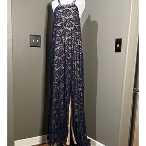 B. Smart Midnight Blue and Cream Lace Gown